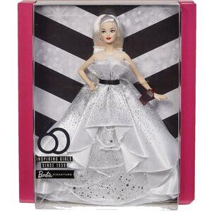 NEW Barbie Signature 60th Anniversary Doll White Silver Dress Gown Collectible